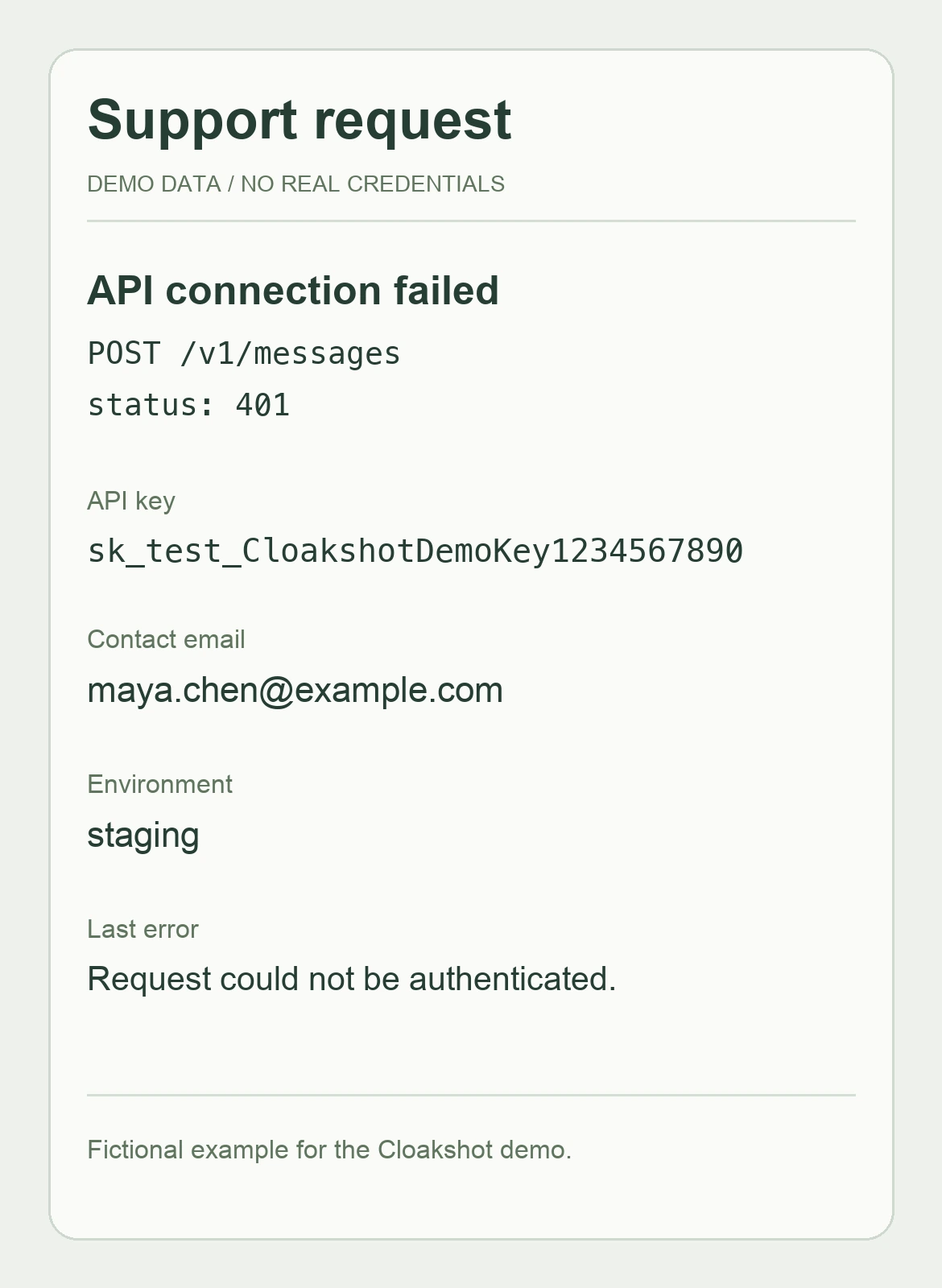 Fictional support request with a made-up key, contact email and environment visible.