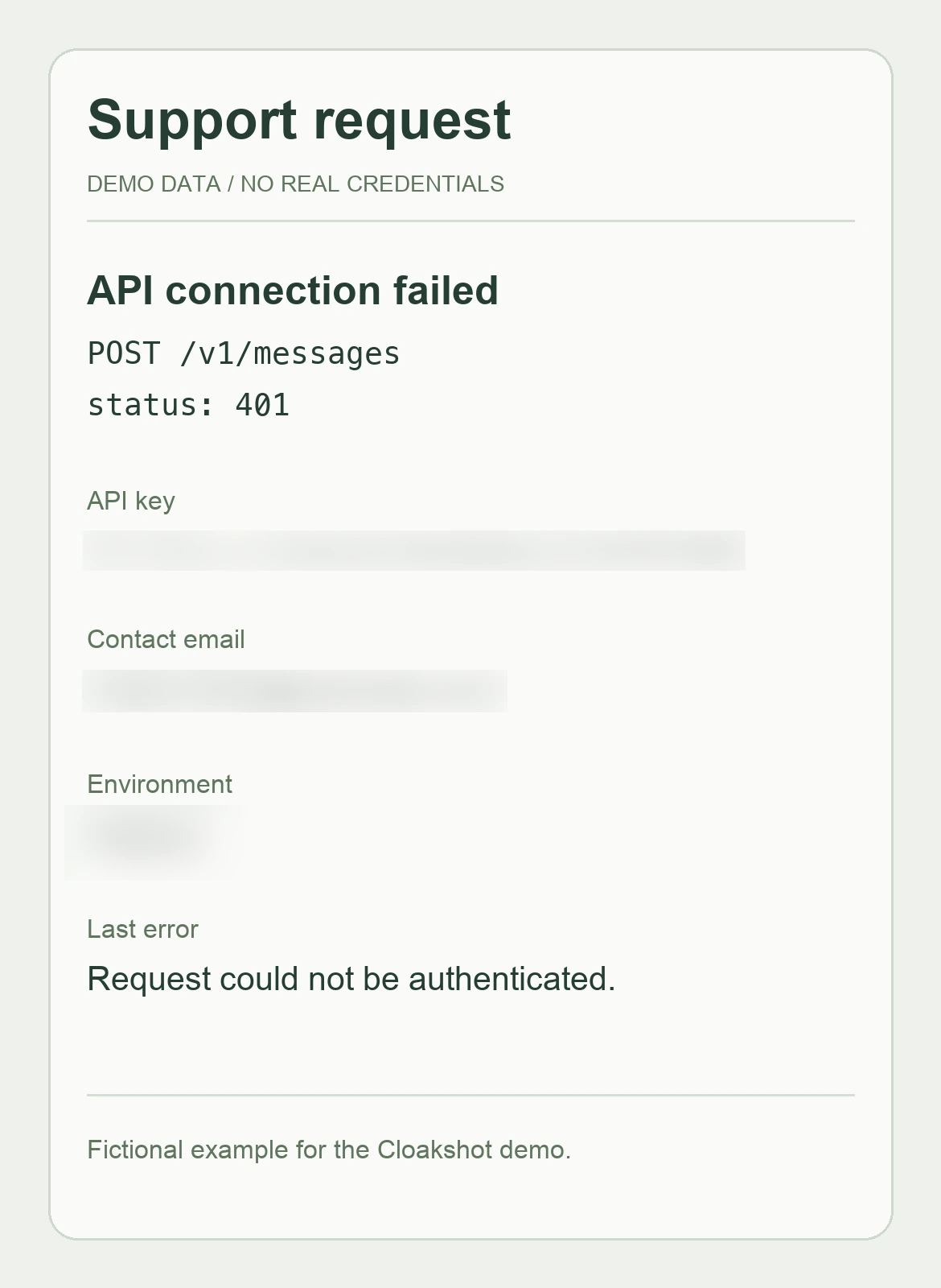 The Cloakshot export covers the key, contact email and environment while leaving the request and error readable.