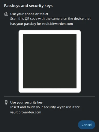 A passkey sign-in prompt. Reviewed targets covered: QR codes. vault.bitwarden.com service domain is public.